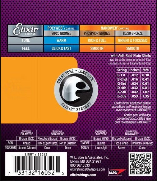 Elixir Nanoweb PB 12-53 acoustic guitar strings